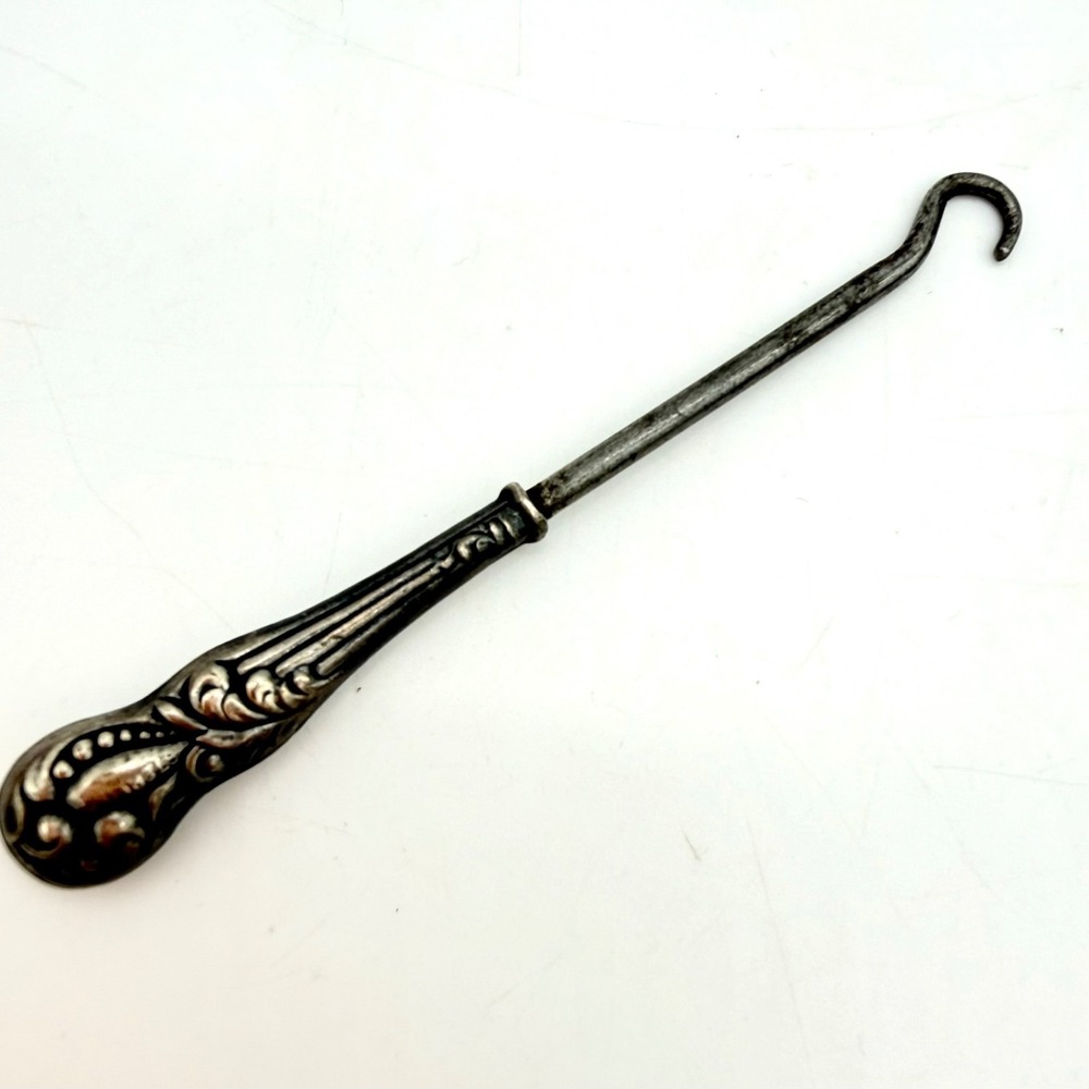Antique Sterling Silver Button Hook Ornate Floral Scroll Handle Tool‎